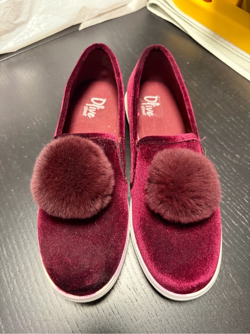 Velvet Pom-Pom Slip-On Loafers in Burgundy by Olive Street